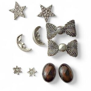 Silver-Tone Stud Earring Set (5 Pairs) – Stars, Moons, Bows, Ovals